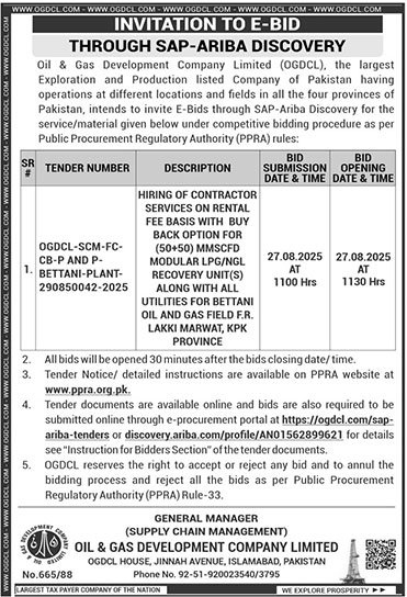 Oil & Gas Development Company Limited Islamabad Tender Notice
